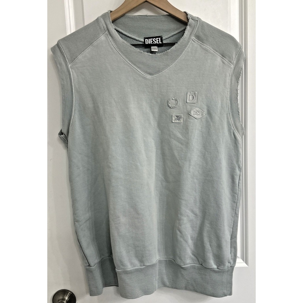 Diesel Men Size Medium S-Manny Logo Patch Sleeveless Sweatshirt Washed Sage